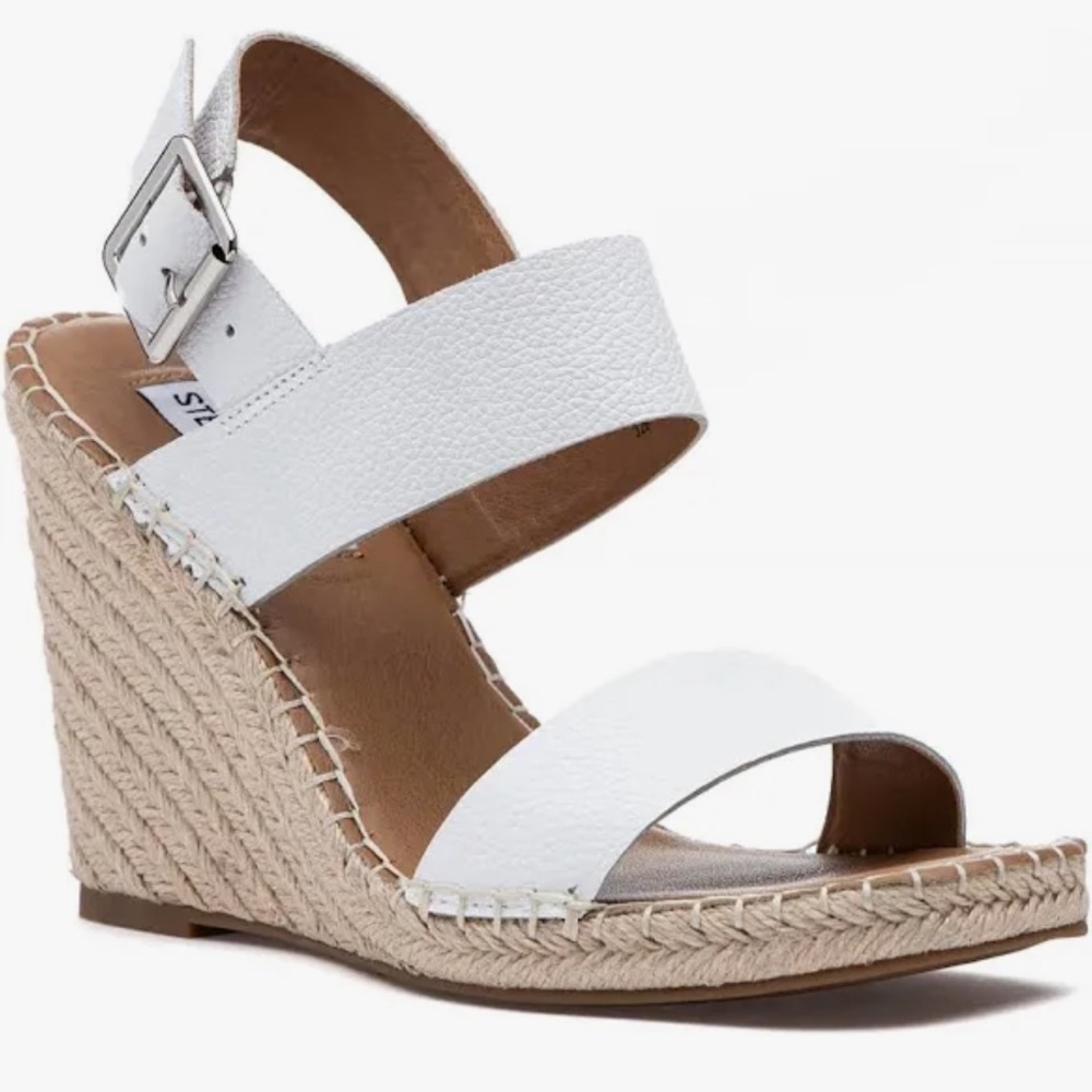Steve Madden White and Tan Wedge Sandals